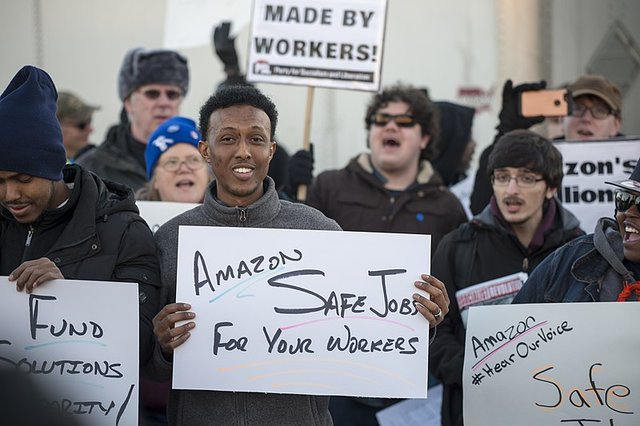 Amazon workers, mostly of East African descent, protest outside their workplace in Minnesota photo by Fibonacci Blue